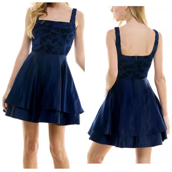 City Studio Juniors' Sz 11/12  Square-Neck Lace Sleeveless Dress Navy - Picture 1 of 11